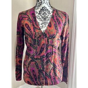 Talbots Merino Wool Cardigan Sweater Womens LP Purple Paisley Lightweight Y2K